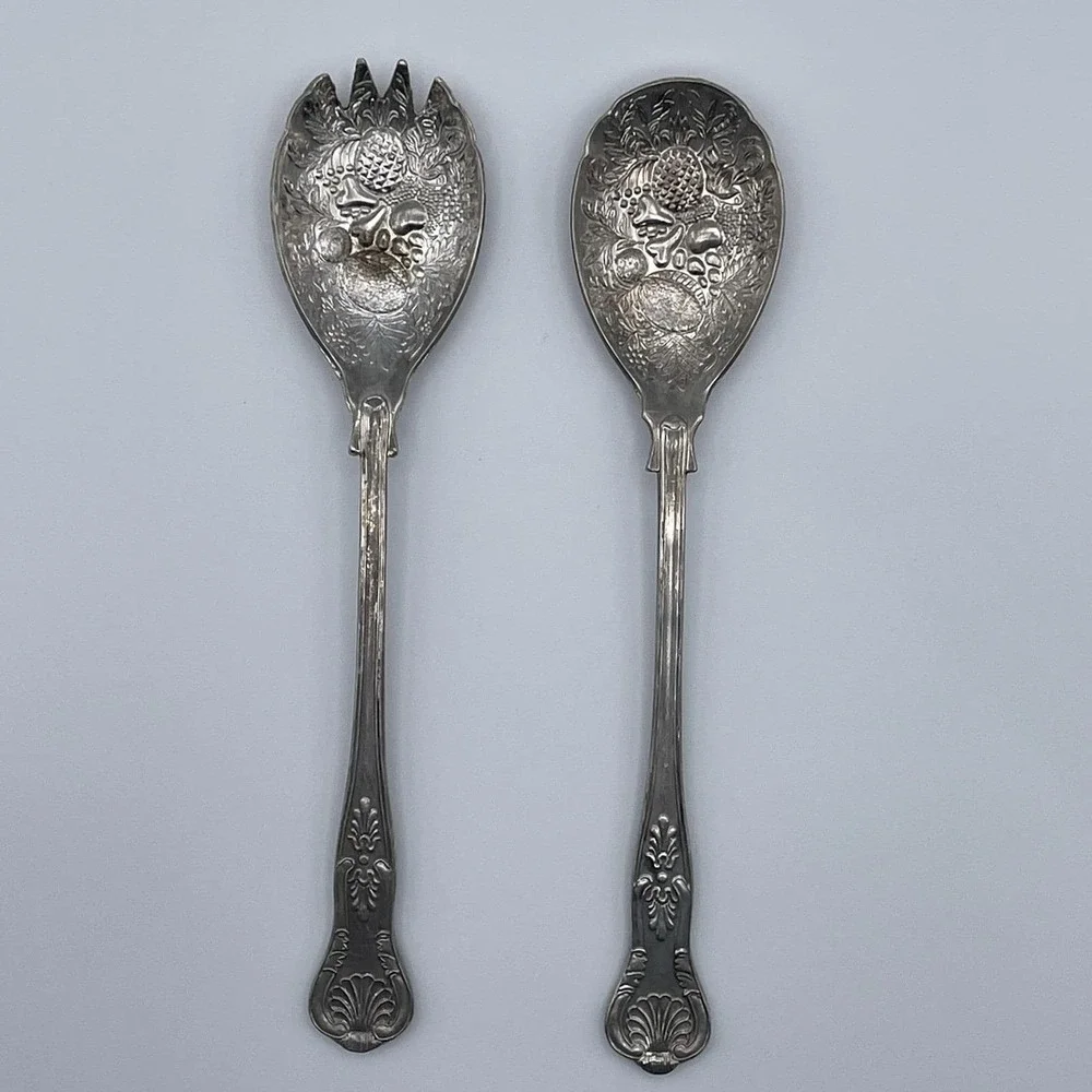Silverplate Salad Serving Set Vintage English Fruit Repousse 2 Pc Fork and Spoon